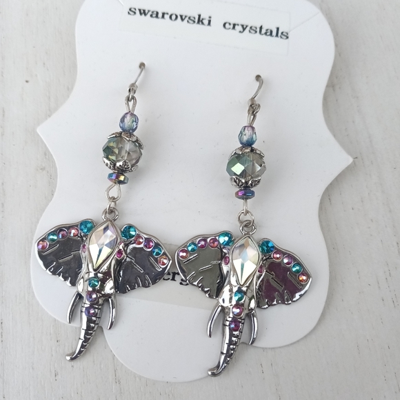 HP Elephant Metal Drop Earrings, With Real Crystals - Picture 3 of 7